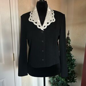 St. John Evening by Marie Gray Black - Knit Jacket, Ivory Embellished Collar